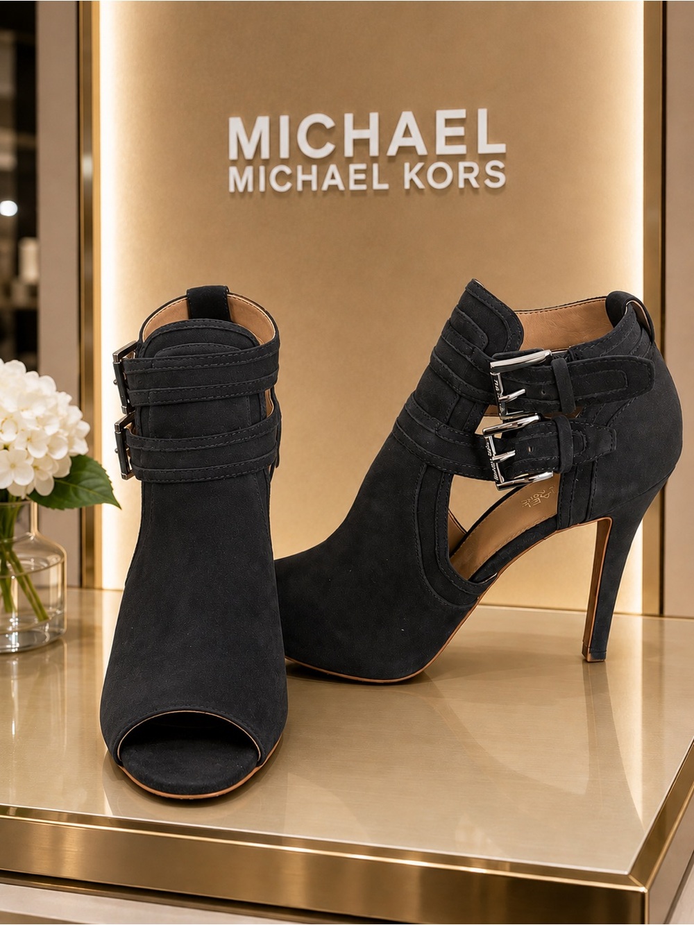 MICHAEL Michael Kors Teal Suede Peep-Toe High-Heel Booties with Buckle Straps